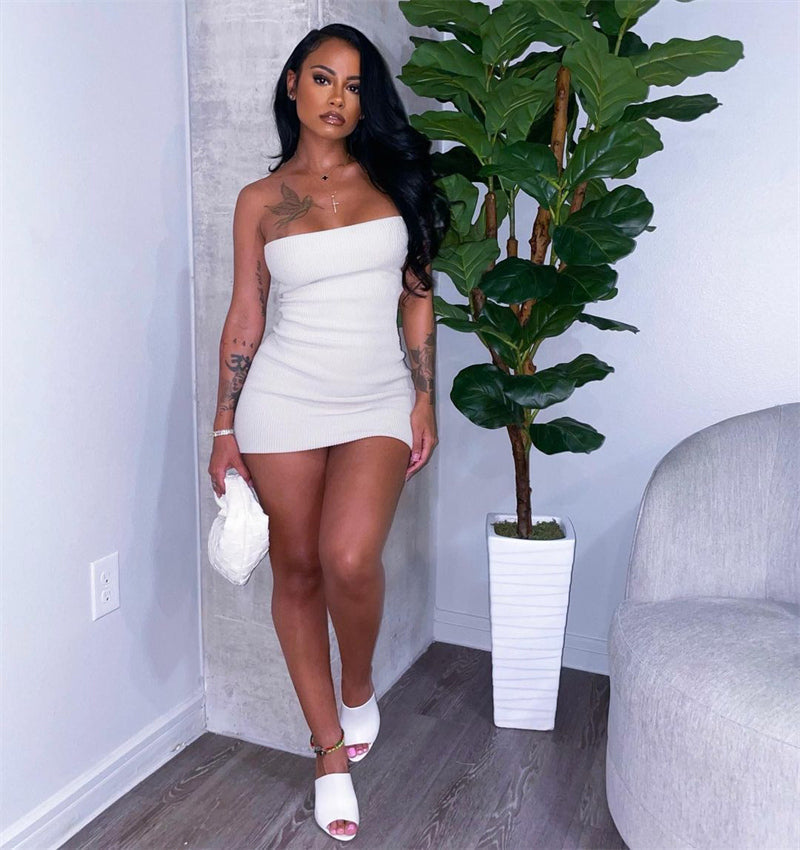 Elegant Strapless Tube Backless Knitted Elastic Slim Party Club Short Women Off Shoulder Bodycon Mini Dress