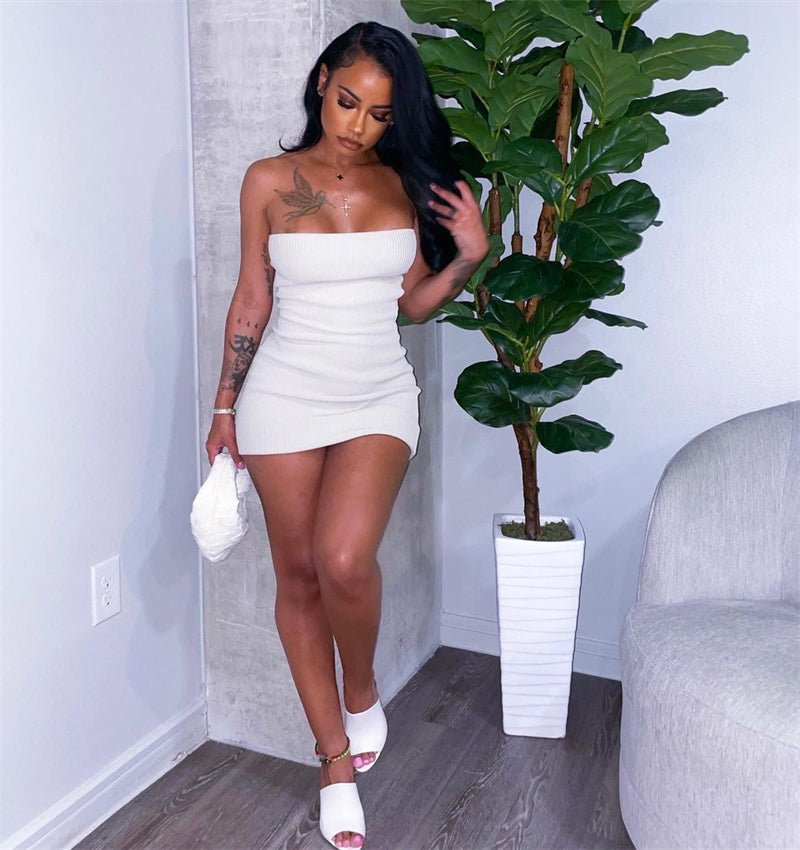 Elegant Strapless Tube Backless Knitted Elastic Slim Party Club Short Women Off Shoulder Bodycon Mini Dress