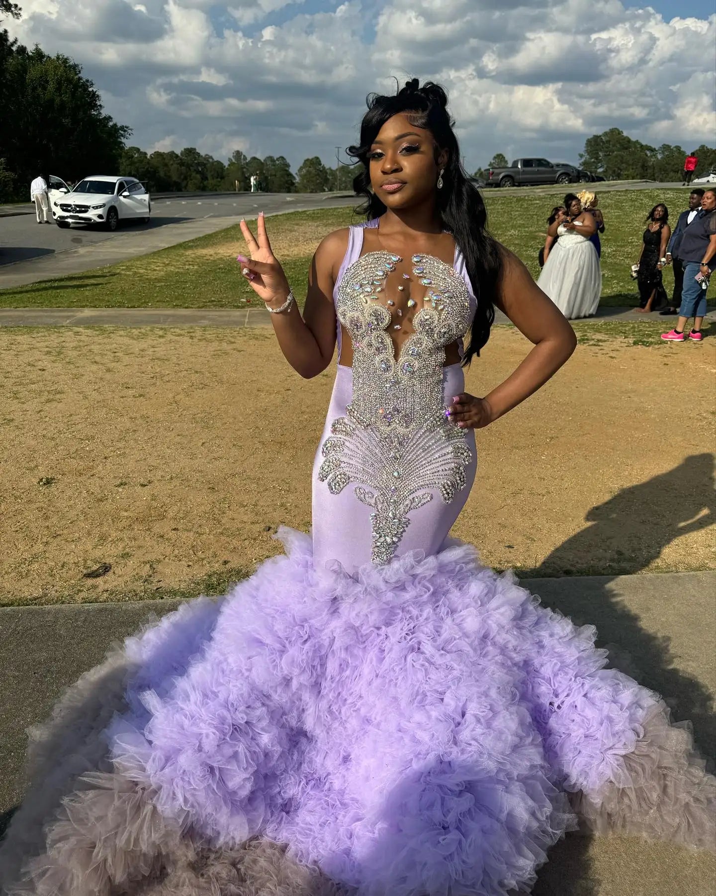 Luxury Crystals Beaded Mermaid Prom Dress Tulle Ruffles Skirt Evening Party Gown For Black Girls Long Birthday Robe De Soiree