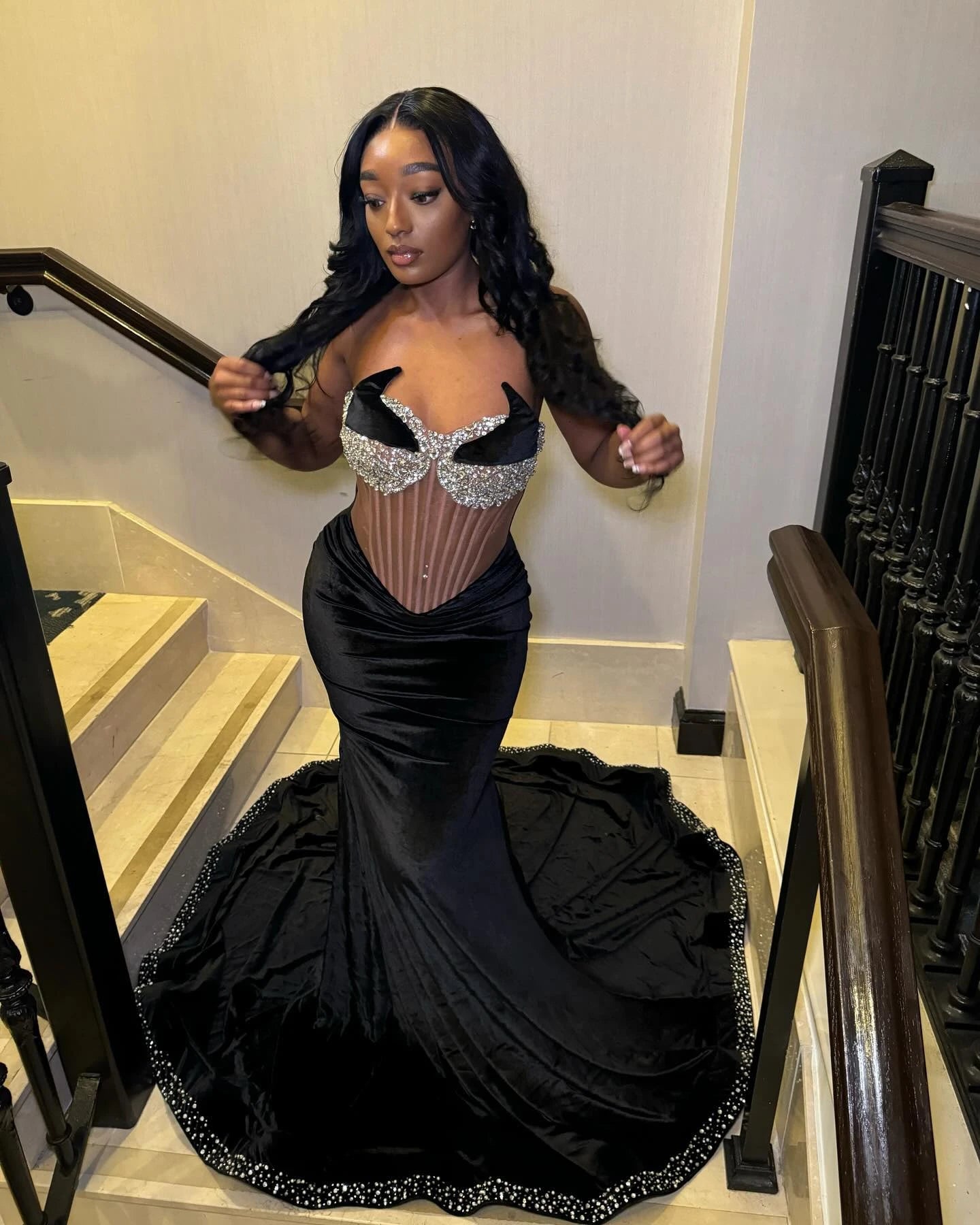 Chic Strapless Black Velvet Evening Dresses Free Shipping Luxury Mermaid Dress See Through Women Clothing Sleeveless Gowns