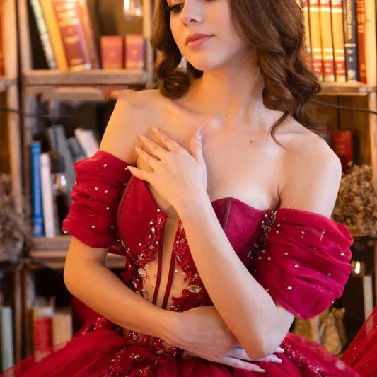 Elegant Mexican Red Vestidos De 15 Quinceañera Shinning Beads Off The Shoulder Tull Sweet 16 Gowns Pageant Party Dress Customize