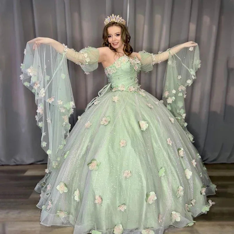 Sage Green Sweet Princess Quinceanera Dress Bead Appliques 3D Flower Vestidos De 15 Birthday Party Graduation Ball Gown