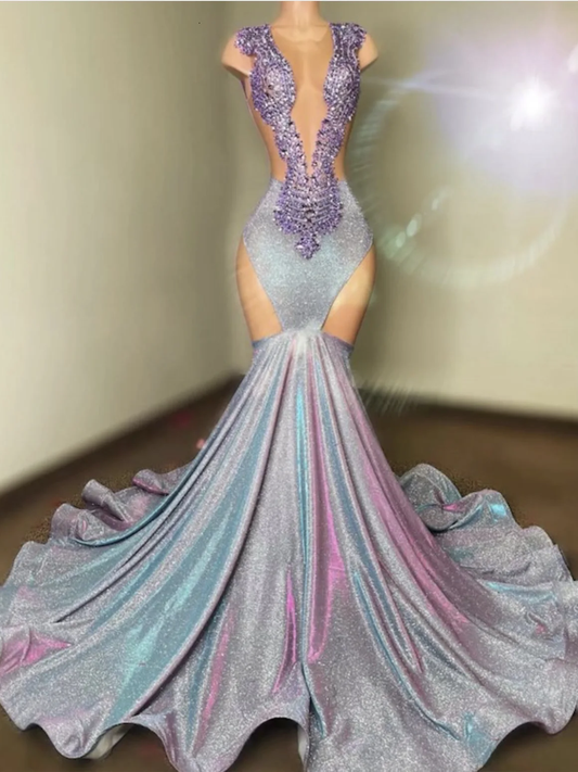 Sexy See Through Crystals Diamond Sparkly Prom Dresses Luxury Mermaid for Black Girl Sheer Mesh Formal Evening Gala Gown
