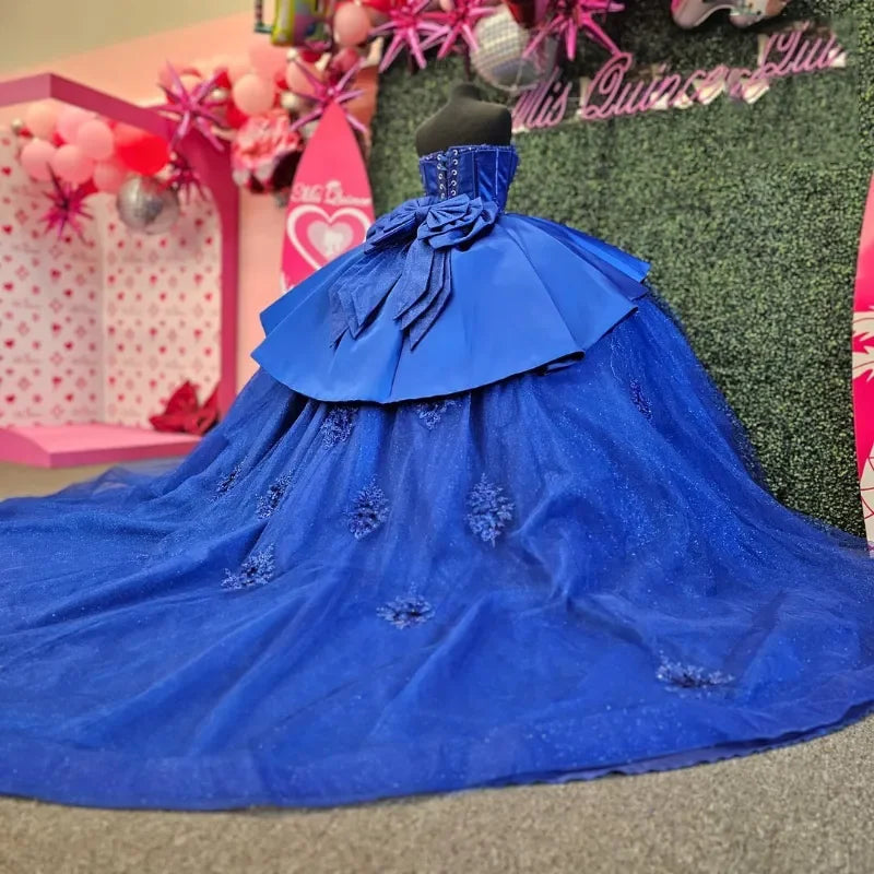 Romantic Blue Princess Quinceanera Dresses Strapless Tiered Applique Lace Beads Corset Vestido De 15 Anos Ball Gown Customized