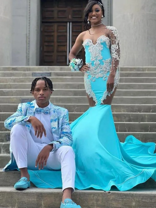 Turquoise Blue African Mermaid Prom Celebrity Gown with Long Sleeve One Shoulder Crystal Applique Evening Birthday Dress