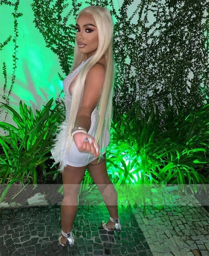 Sexy White Halter Short Sheath Prom Dresses Neck Crystal Feathers Cocktail Party Gown Graduation