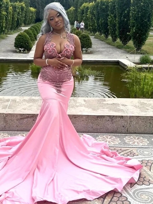 Luxury Glitter Pink Mermaid Prom Dress For Black Girls Silver Crystal Diamond Beaded Birthday Patry Gown