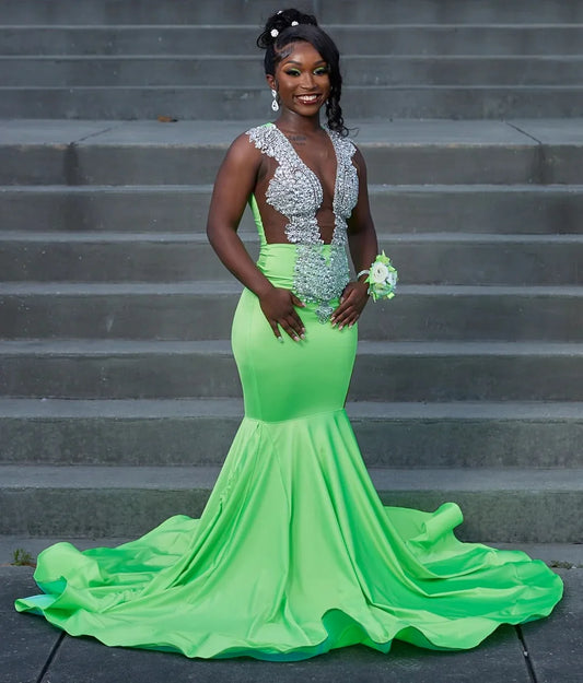 Lime Green African American Prom Dresses For Black Girls Mermaid Sheer Crystals Elegant Robe De Soiree Evening Gown Customized