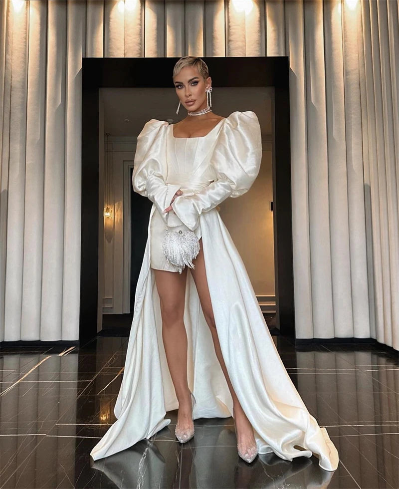 Simple Modern Ivory Satin Thick Short Wedding Dresses Long Puff Sleeves Mini Sexy Bridal Gowns Customized White Robe de mariage