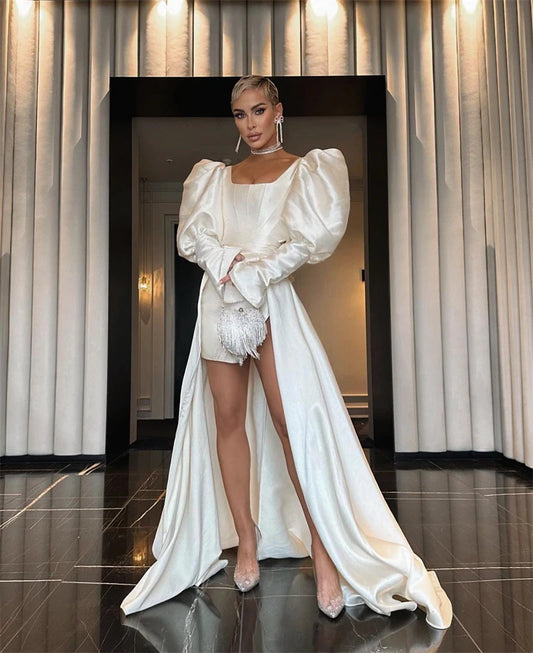 Simple Modern Ivory Satin Thick Short Wedding Dresses Long Puff Sleeves Mini Sexy Bridal Gowns Customized White Robe de mariage