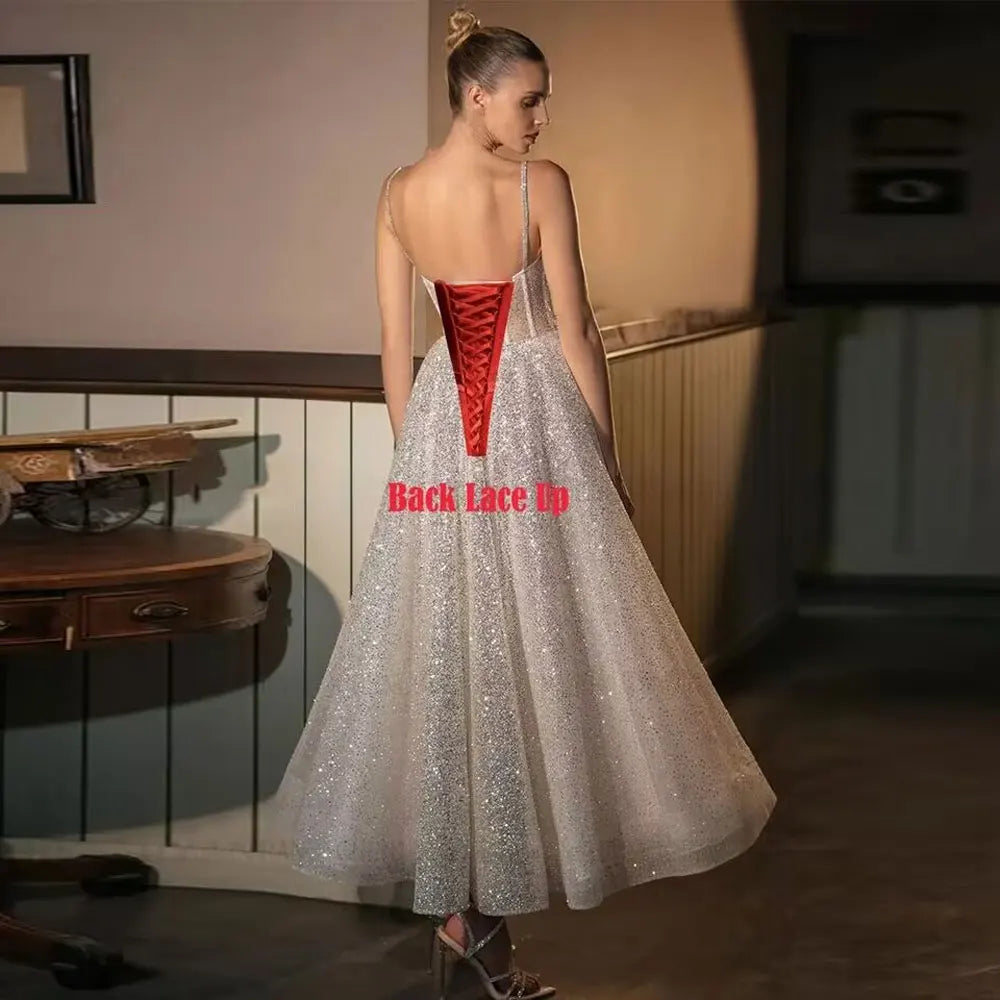 Customized Glitter Wedding Dresses Tulle Spaghetti Straps Sweetheart Sparkle Bride Gowns Lace-up A-line Robe De Mariee Vestidos