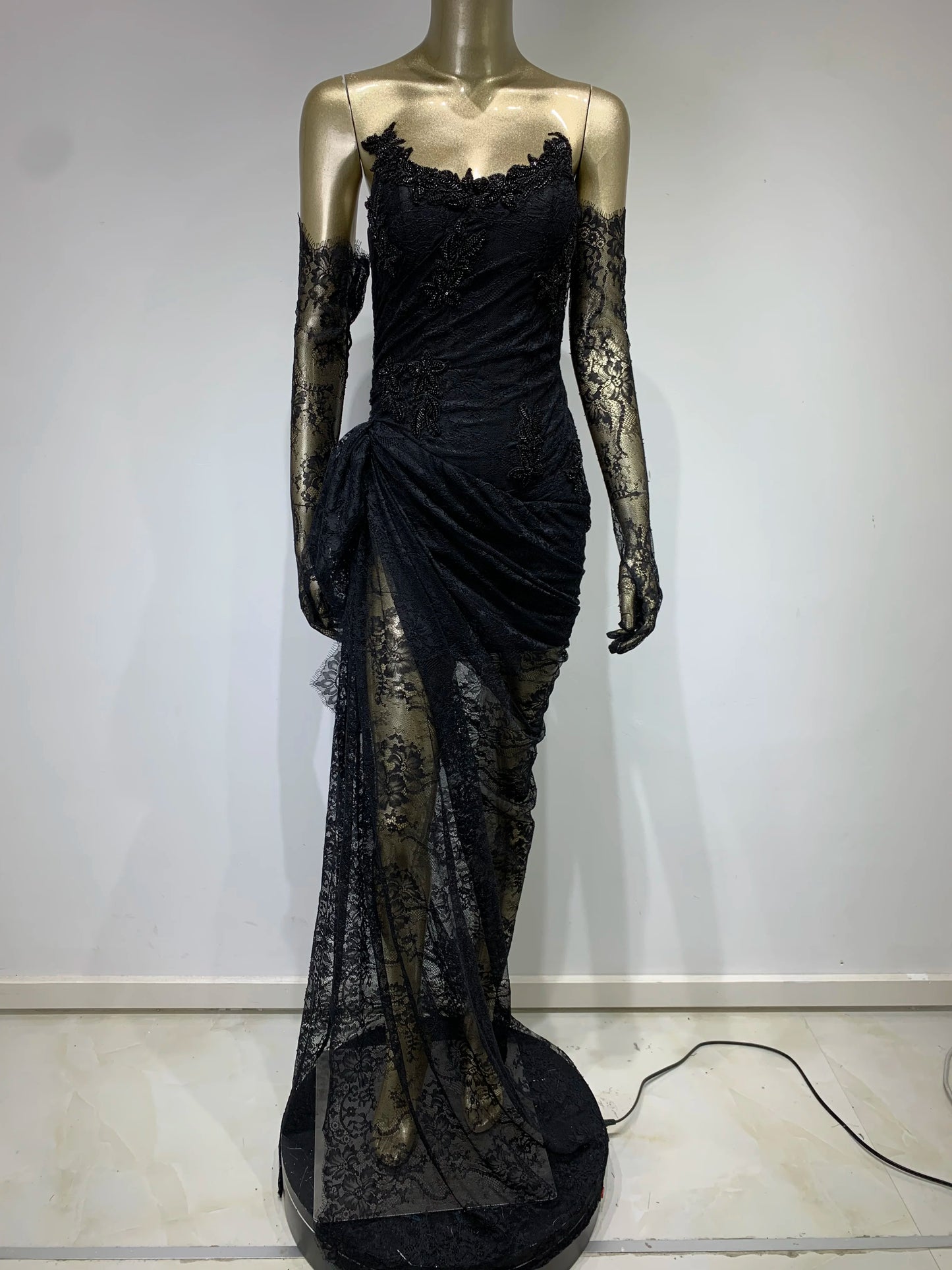 Women Summer Sexy Strapless Backless Black Lace Gloves Maxi Long Dress Elegant Evening Party Club Dress