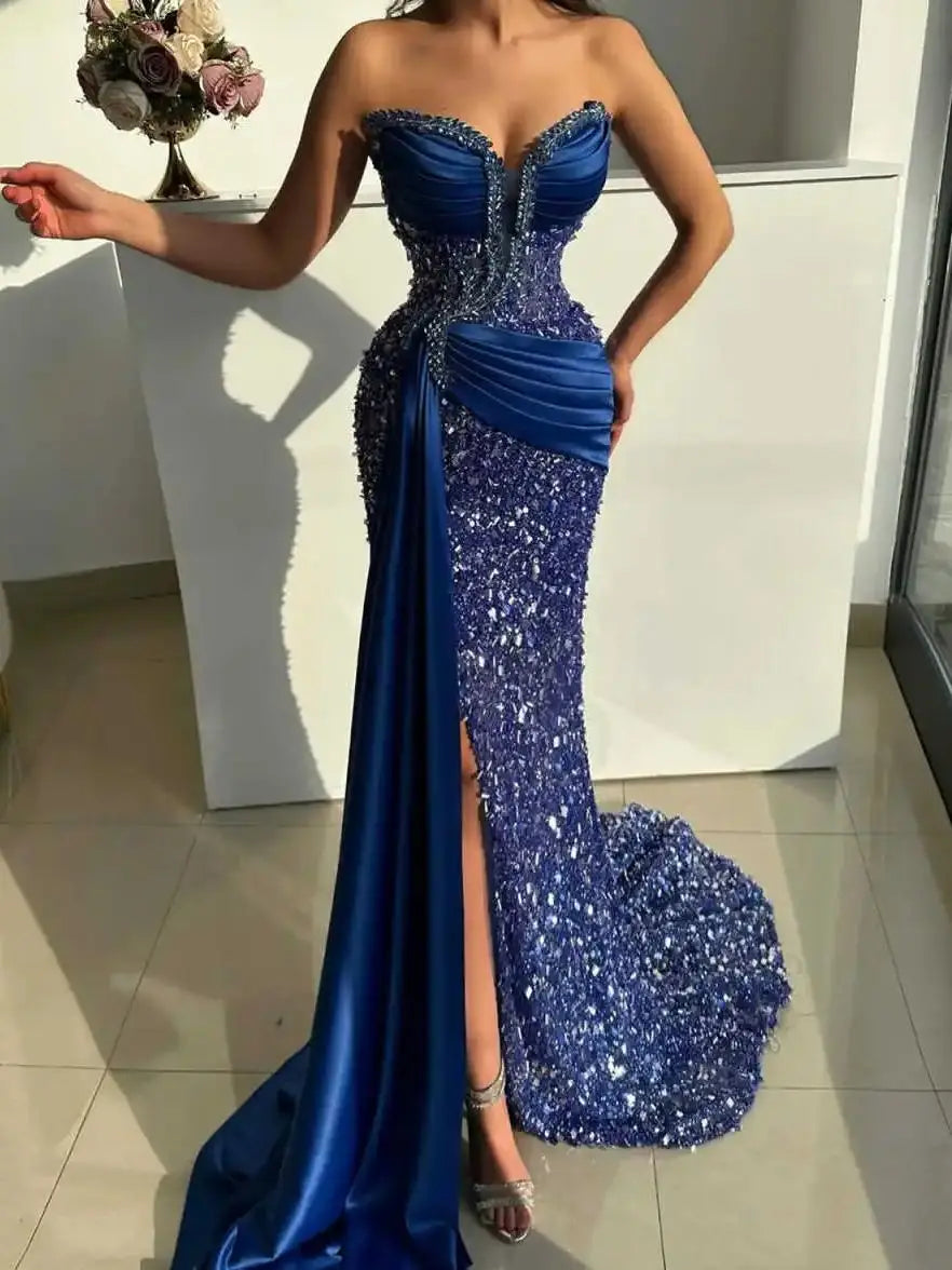 Elegant Evening Dresses Mermaid Strapless Sequined Crystals Sleeveless Prom Gowns Party Dresses Custom Made Robe De Soirée
