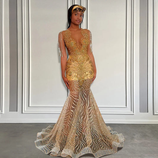 Glitter Lace Luxury Prom Dresses Long for Black Girls Sparkly Crystal Rhinestone See Thru Mermaid Birthday Dress 2025 Customized