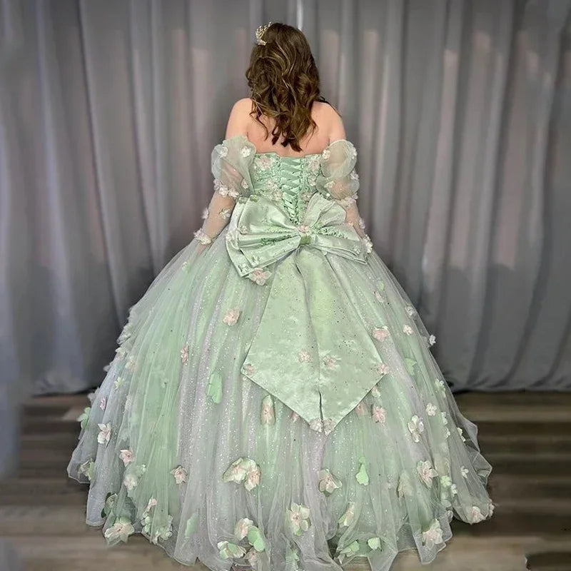 Sage Green Sweet Princess Quinceanera Dress Bead Appliques 3D Flower Vestidos De 15 Birthday Party Graduation Ball Gown