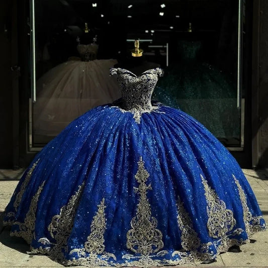 Sparkly Navy Blue Quinceanera Dresses Golden Appliques Off The Shoulder Tull Ball Gown Vestidos De 15 Anos customized