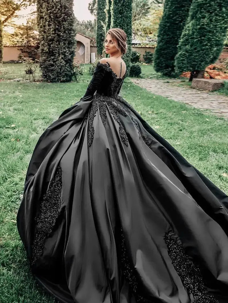Customized Elegant Gothic Black Wedding Dress With Long Sleeve Scoop Neck Illusion Buttons Back Bridal Gown For Garden And Moder
