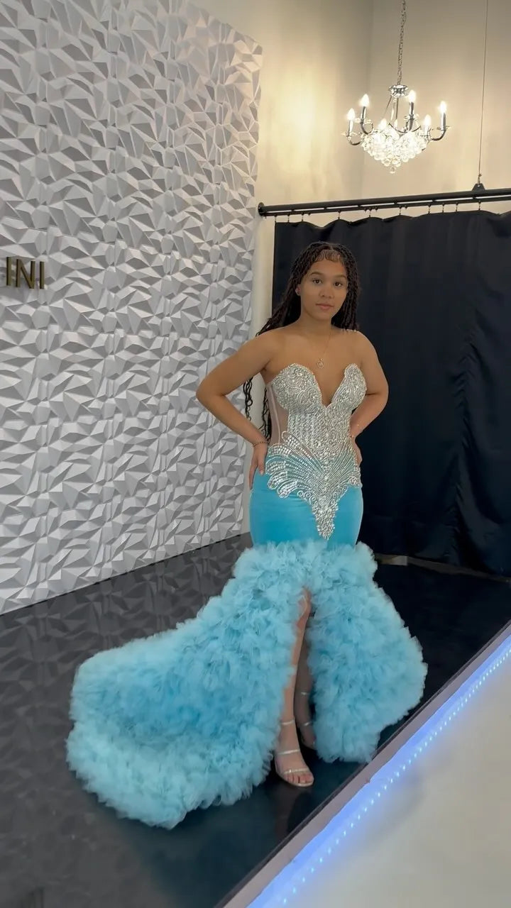 Mermaid Blue Crystal Luxury Prom Dresses Long for Black Girl Birthday Party Beading Diamond Ruffle Tulle Formal Evening Gowns