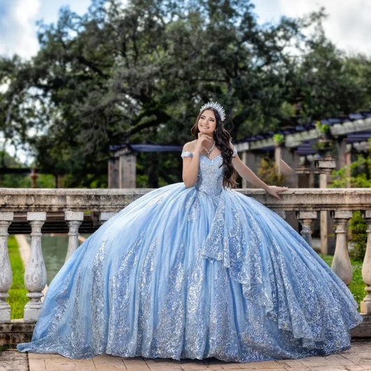 Sky Blue Princess Vestidos De 15 Quinceañera Shinning Beads Appliques Off Shoulder Ball Gown Vestido De Princesas Customized
