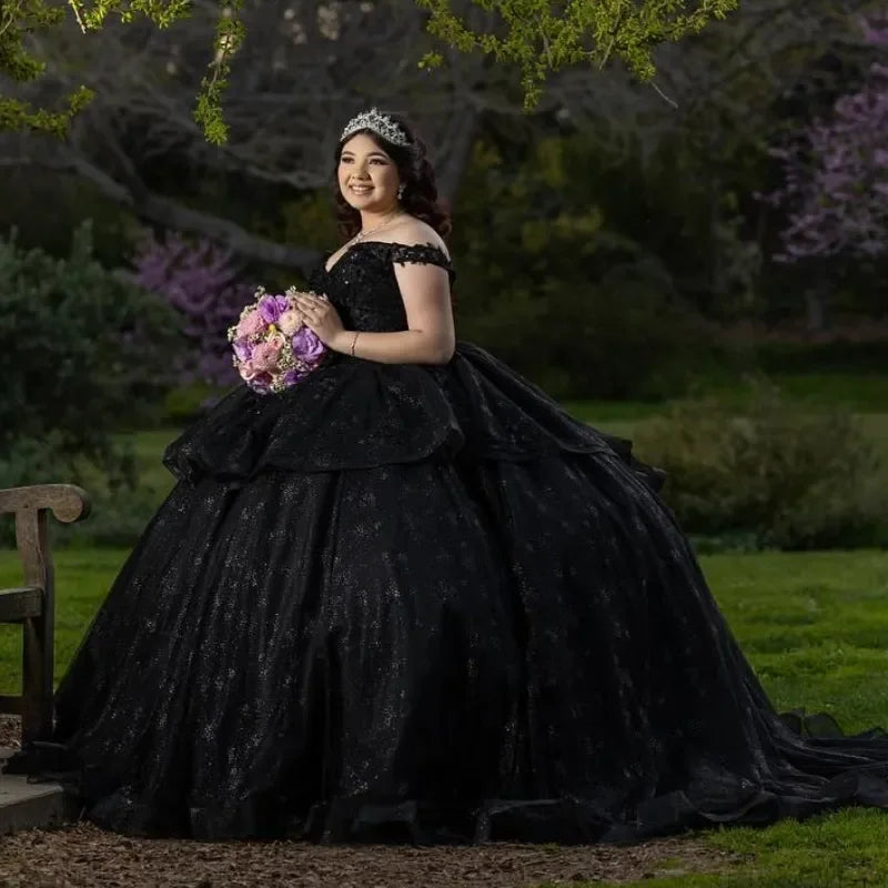 Luxury Black Ball Gown Lace Appliqued Lace Beading Crystal Off The Shoulder Quinceanera Dresses Vestidos De 15 Anos Customized