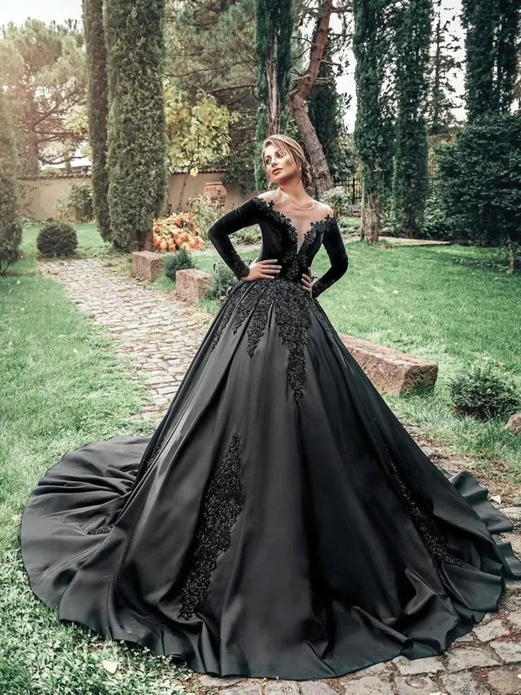 Customized Elegant Gothic Black Wedding Dress With Long Sleeve Scoop Neck Illusion Buttons Back Bridal Gown For Garden And Moder