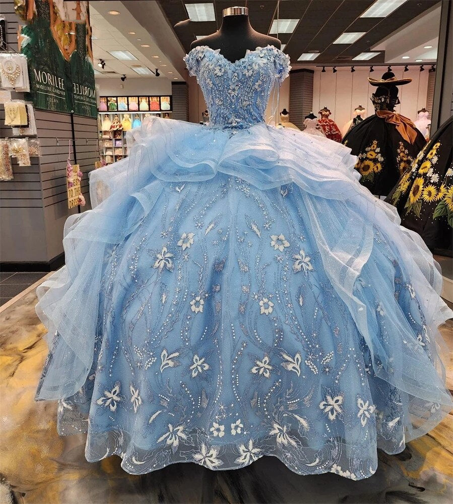 Eelgant Sky Blue Lace Quinceanera Dresses For Girls Off Shoulder Beade
