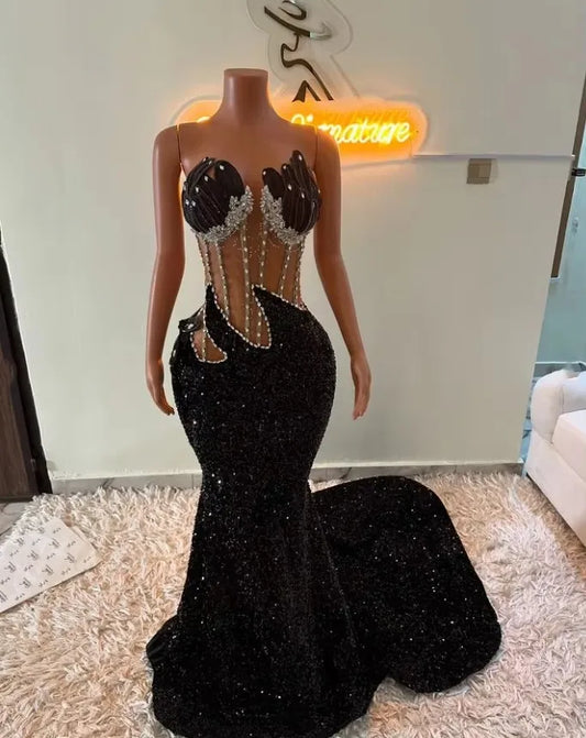 Black V Neck Long Prom Dresses 2025 Black Girls Beaded Crystal Customized Birthday Party Gowns Mermaid Evening Gowns