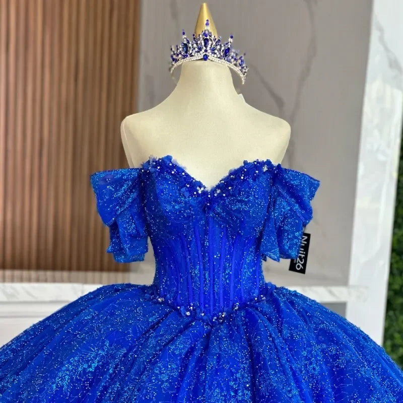Mexican Royal Blue Vestidos De 15 Quinceañera Sequined Ruffles Lace-Up Backless Ball Gown Tull Vestido De Princesas Customized