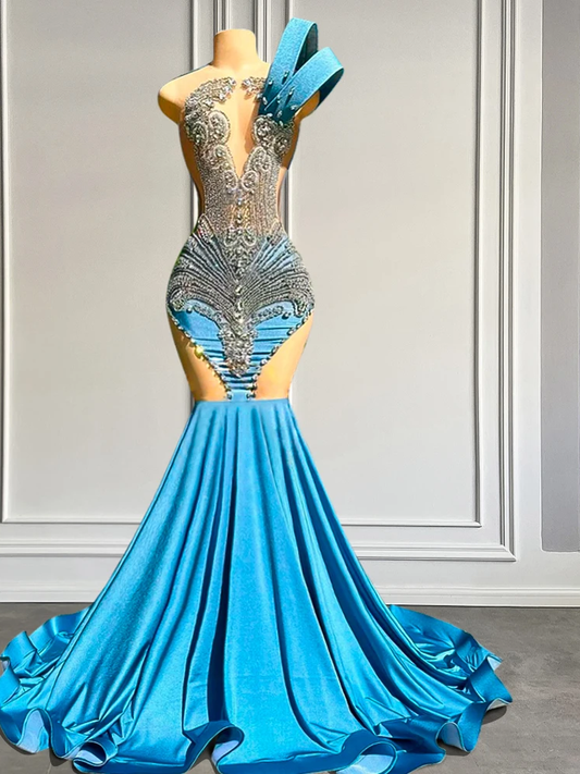 New Blue Cut-out Long Mermaid Prom Dresses Sparkly Silver Diamond Crystals Black Girl Birthday Luxury Dresses Customized