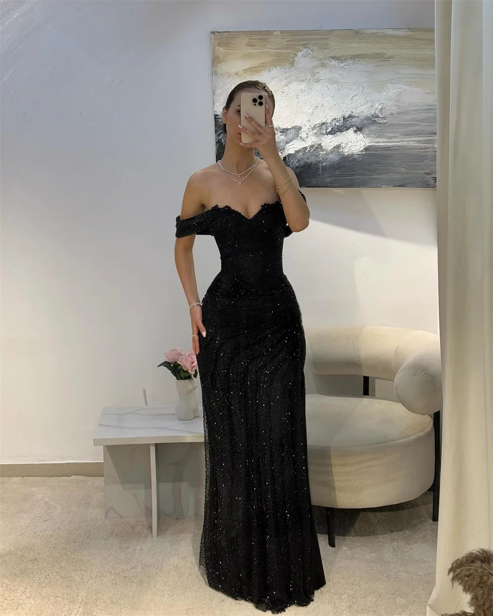 Customized Black Off Shoulder Crystal Prom Dresses Sleeveless Mermaid vestidos de noiva Elegant Floor-Length Evening Dress