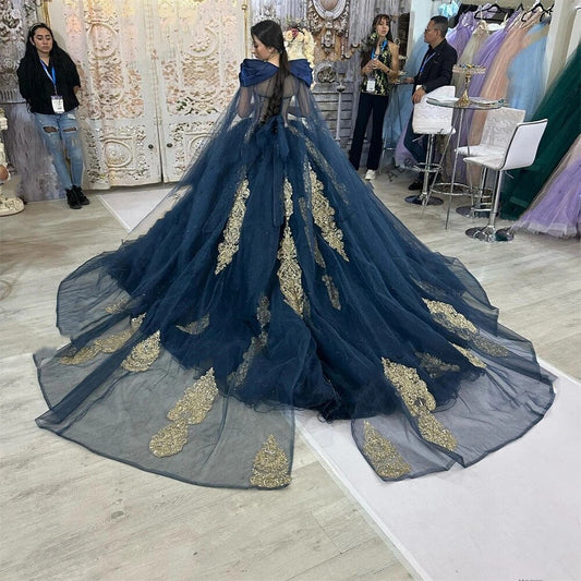Gold Beaded Appliques Black Quinceanera Dresses Ball Gown With Cape Tulle Sweetneck Sweep Train Plus Size Prom Party Gowns