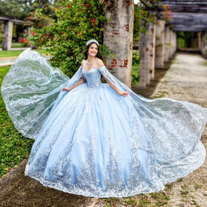 Sky Blue Princess Vestidos De 15 Quinceañera Shinning Beads Appliques Off Shoulder Ball Gown Vestido De Princesas Customized