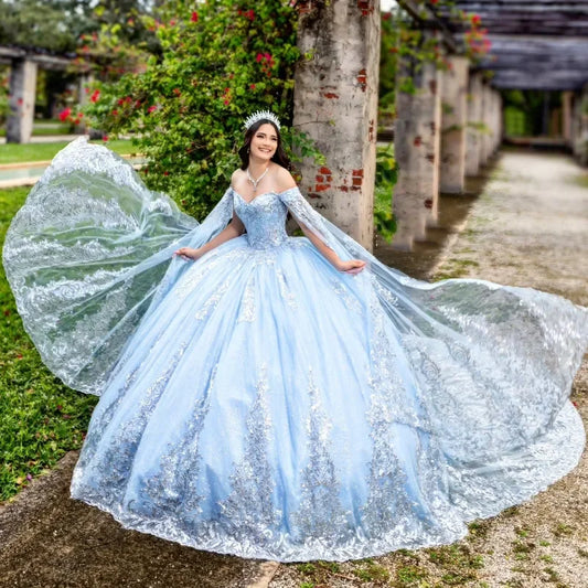 Sky Blue Princess Vestidos De 15 Quinceañera Shinning Beads Appliques Off Shoulder Ball Gown Vestido De Princesas Customized