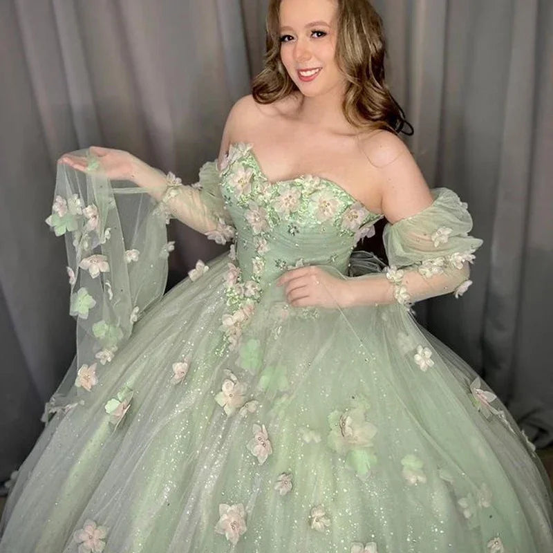 Sage Green Sweet Princess Quinceanera Dress Bead Appliques 3D Flower Vestidos De 15 Birthday Party Graduation Ball Gown