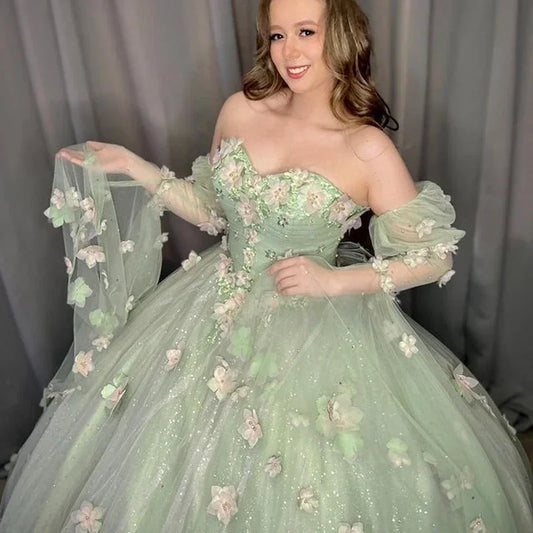 Sage Green Sweet Princess Quinceanera Dress Bead Appliques 3D Flower Vestidos De 15 Birthday Party Graduation Ball Gown