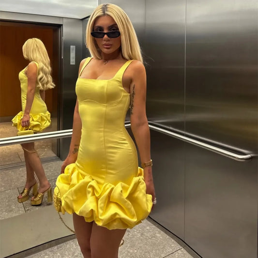 Customized Short Yellow Evening Dresses Satin Mermaid Ruffles حزب اللباس Square Neck Evening Dress for Women