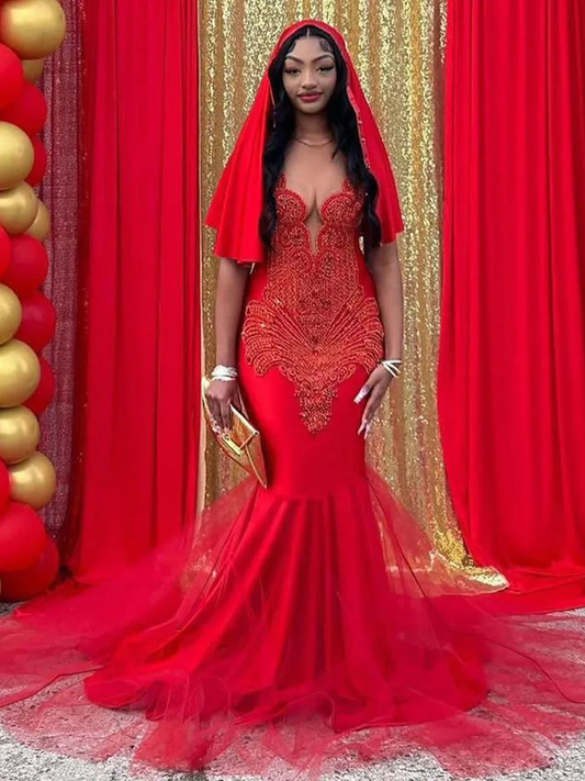 Luxury Red Sequin Mermaid Prom Dresses Beaded Crystals Black Girl Evening Gowns Ruffles Formal Party Dress