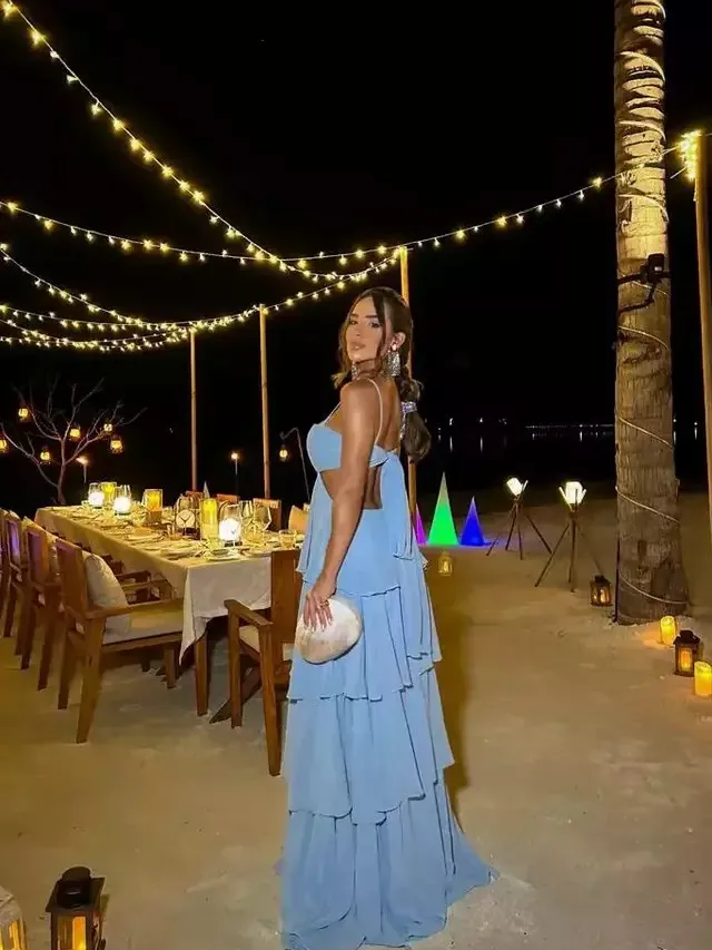 Green Prom Dress Spaghetti strap Gala Guest Night Dinner Dress Female Tiered Chiffon Sexy Backless Evening Party Dress