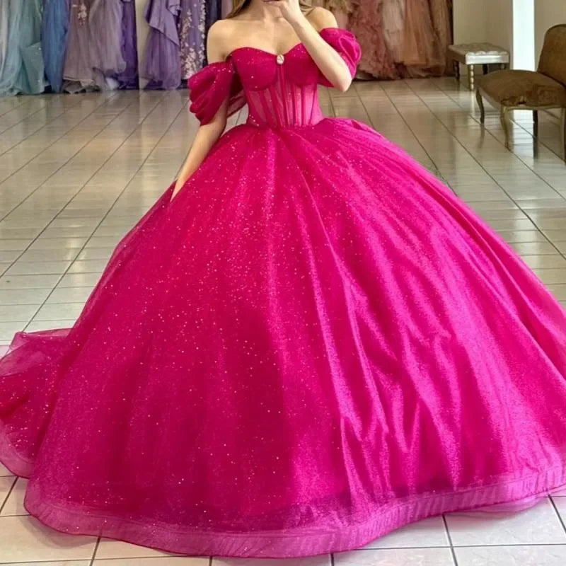 Pretty Rose Red Quinceanera Dresses Off The Shoulder Tull Party Birthday Corset Ball Gown Sweet Vestidos 15 De Anos customized