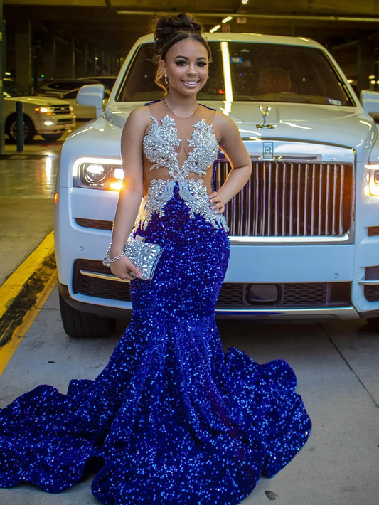 Luxury Sequins Sleeveless Blue Long Prom Dress for Black Girls Sparkly Crystal Diamonds Women Birthday Party Gowns Customized