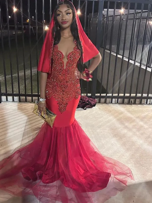 Luxury Red Sequin Mermaid Prom Dresses Beaded Crystals Black Girl Evening Gowns Ruffles Formal Party Dress