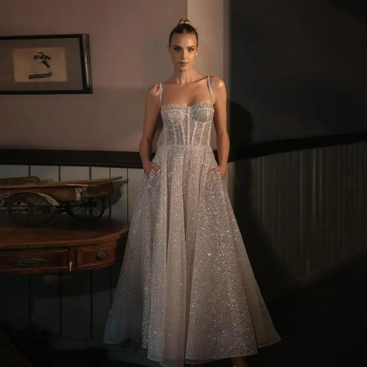 Customized Glitter Wedding Dresses Tulle Spaghetti Straps Sweetheart Sparkle Bride Gowns Lace-up A-line Robe De Mariee Vestidos