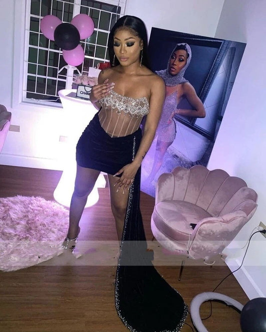 Sexy Short Black Velvet Prom Dresses For Black Girls Crystal Beads Pearls Birthday Party Cocktail Dress