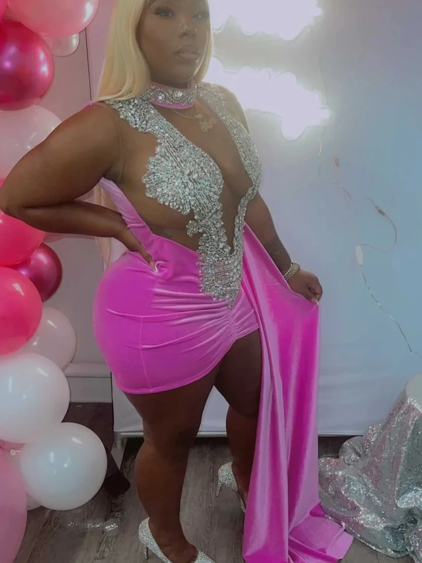 Pink Diamond Short Prom Dresses Black Girls Birthday Party Dresses Beaded African Mini Cocktail Dresses Homecoming Customized