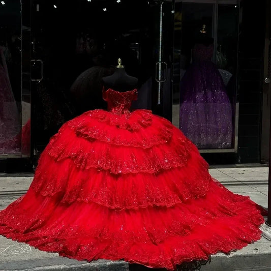 Luxury Red Vestidos De 15 Quinceañera Sweetheart Off The Shoulder Beads Crystal Appliques Lace Tull Sweet Customized Prom Gowns