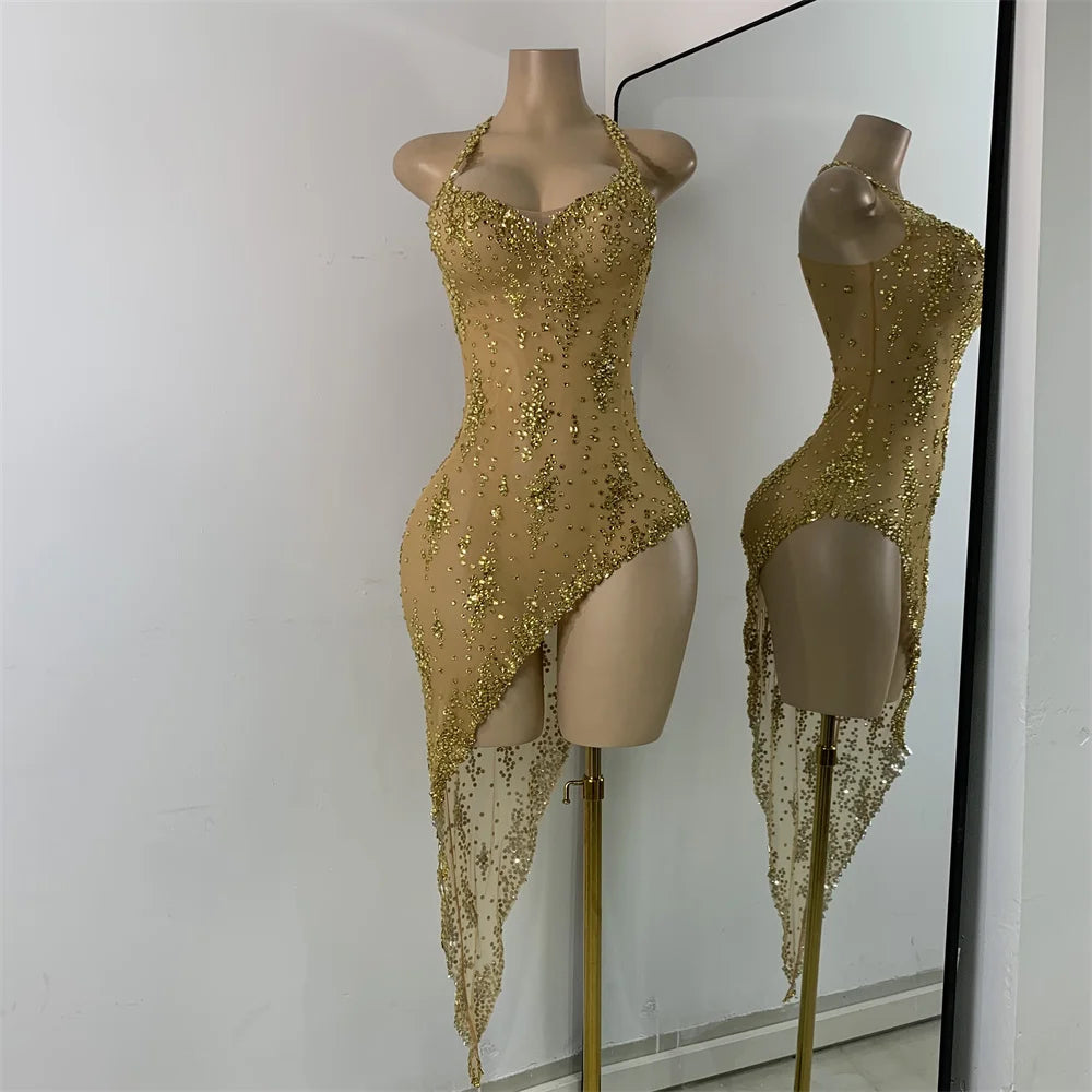 Sparkly Gold Design Evening Party Dress Luxury Rhinestones See Through Sexy Women's Clothing Mesh Stretch Birthday Dresses