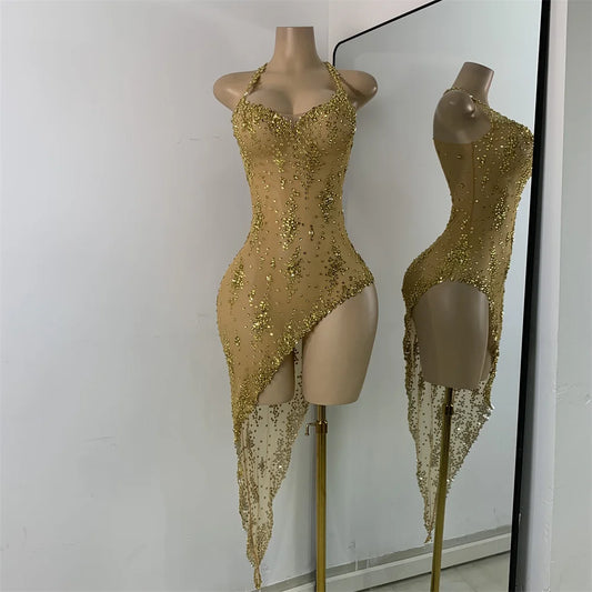 Sparkly Gold Design Evening Party Dress Luxury Rhinestones See Through Sexy Women's Clothing Mesh Stretch Birthday Dresses