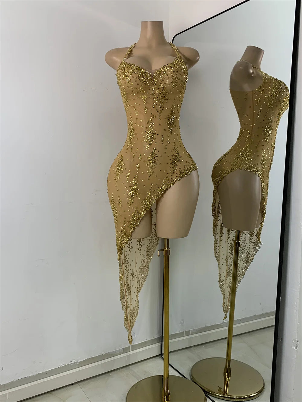 Sparkly Gold Design Evening Party Dress Luxury Rhinestones See Through Sexy Women's Clothing Mesh Stretch Birthday Dresses