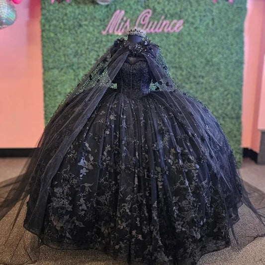 Vintage Black Off The Shoulder Mexican Ball Gown Beaded Lace Appliques Birthday Quinceanera Gowns Sweet 16 Dress Customized