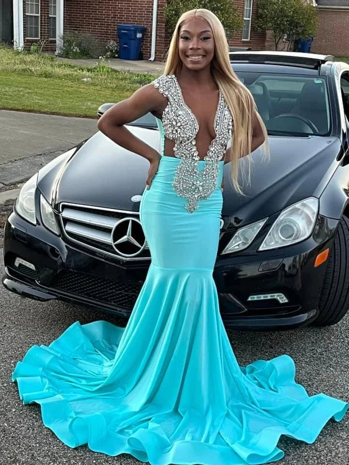 Lime Green African American Prom Dresses For Black Girls Mermaid Sheer Crystals Elegant Robe De Soiree Evening Gown Customized